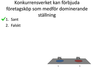 Konkurrensverket kan förbjuda
företagsköp som medför dominerande
ställning
1. 2.
0%0%
1. Sant
2. Falskt
 