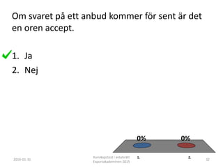 Om svaret på ett anbud kommer för sent är det
en oren accept.
1. 2.
0%0%
1. Ja
2. Nej
2016-01-31
Kunskapstest i avtalsrätt
Exportakademinen 2015
32
 