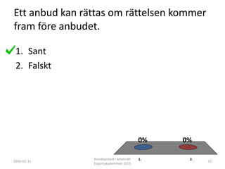 Ett anbud kan rättas om rättelsen kommer
fram före anbudet.
1. 2.
0%0%
1. Sant
2. Falskt
2016-01-31
Kunskapstest i avtalsrätt
Exportakademinen 2015
33
 