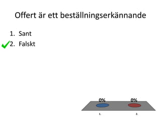 Offert är ett beställningserkännande
1. 2.
0%0%
1. Sant
2. Falskt
 