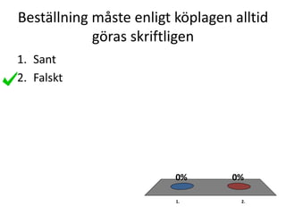 Beställning måste enligt köplagen alltid
göras skriftligen
1. 2.
0%0%
1. Sant
2. Falskt
 
