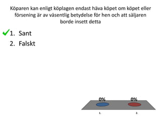 Köparen kan enligt köplagen endast häva köpet om köpet eller
försening är av väsentlig betydelse för hen och att säljaren
borde insett detta
1. 2.
0%0%
1. Sant
2. Falskt
 