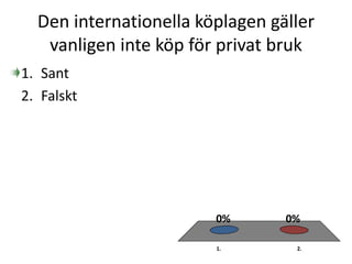 Den internationella köplagen gäller
vanligen inte köp för privat bruk
1. 2.
0%0%
1. Sant
2. Falskt
 