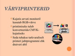 VÄRVIPRINTERID Kujutis arvuti monitoril kasutab RGB-värve  printimiseks tuleb konverteerida CMYK- kujutiseks Seda tehakse tarkvaraliselt printeri juhtprogrammi ehk draiveri abil 
