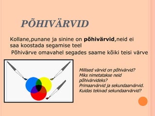 PÕHIVÄRVID Kollane,punane ja sinine on  põhivärvid ,neid ei saa koostada segamise teel   Põhivärve omavahel segades saame kõiki teisi värve Millised värvid on põhivärvid? Miks nimetatakse neid põhivärvideks? Primaarvärvid ja sekundaarvärvid. Kuidas tekivad sekundaarvärvid? 