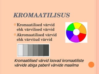 KROMAATILISUS Kromaatilised värvid ehk värvilised värvid Akromaatilised värvid ehk värvitud värvid Kromaatilised   värvid loovad kromaatiliste värvide abiga paberil värvide maailma 