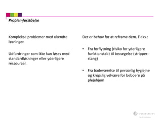 Komplekse problemer med ukendte
løsninger.
Udfordringer som ikke kan løses med
standardløsninger eller yderligere
ressourcer.
Der er behov for at reframe dem. F.eks.:
• Fra forflytning (risiko for yderligere
funktionstab) til bevægelse (stripper-
stang)
• Fra badeværelse til personlig hygiejne
og kropslig velvære for beboere på
plejehjem
Problemforståelse
 