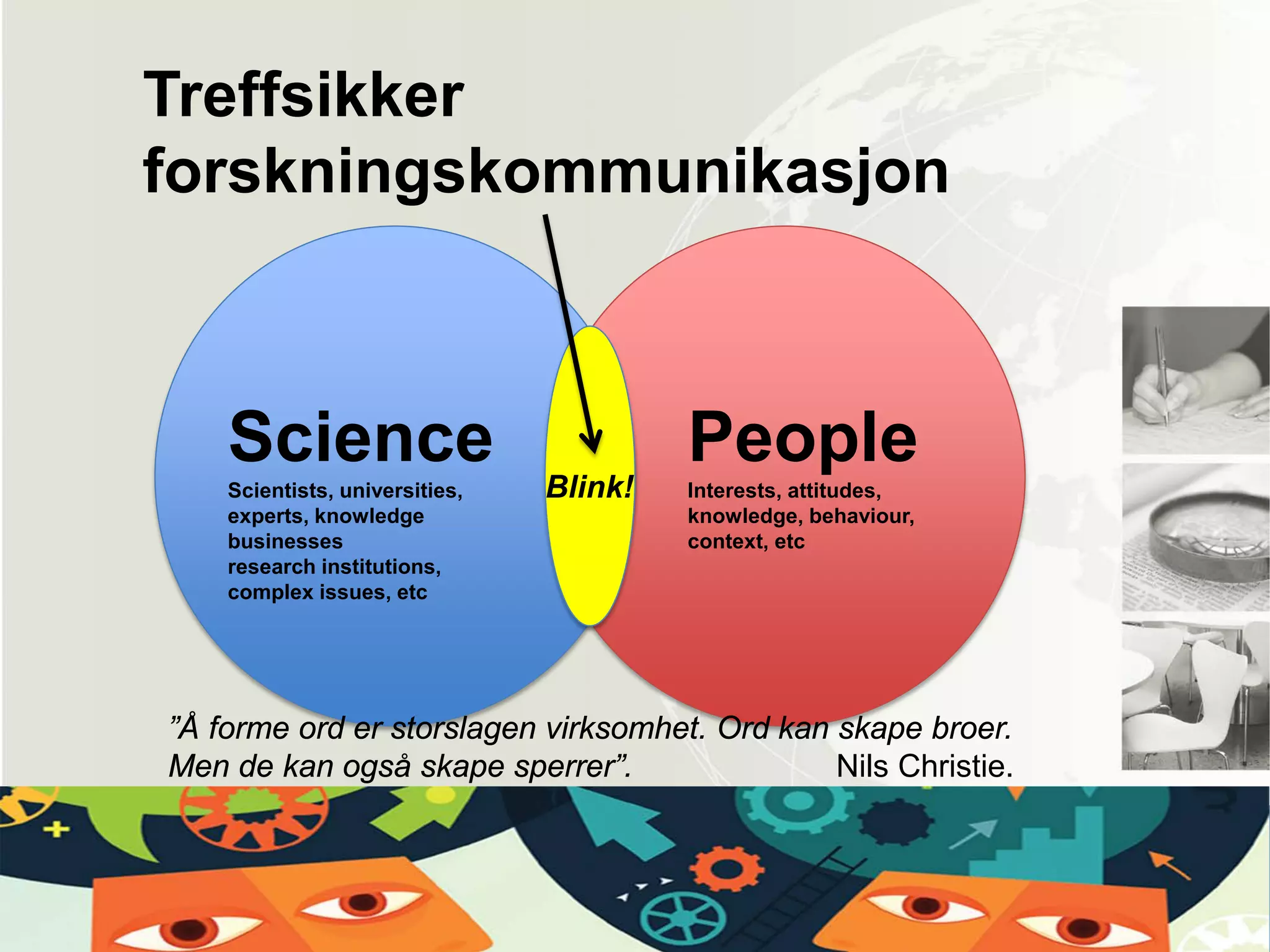 Science
Scientists, universities,
experts, knowledge
businesses
research institutions,
complex issues, etc
People
Interests, attitudes,
knowledge, behaviour,
context, etc
”Å forme ord er storslagen virksomhet. Ord kan skape broer.
Men de kan også skape sperrer”. Nils Christie.
Treffsikker
forskningskommunikasjon
Blink!
 