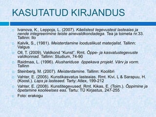 KASUTATUD KIRJANDUS
   Ivanova, K., Leppoja, L. (2007). Käelistest tegevustest lasteaias ja
    nende integreerimine teiste ainevaldkondadega. Tea ja toimeta nr.33.
    Tallinn: Ilo
   Kalvik, S., (1981). Meisterdamine looduslikust materjalist. Tallinn:
    Valgus
   Oll, T. (2009). Valdkond “Kunst”. Rmt. Õppe- ja kasvatustegevuste
    valdkonnad. Tallinn: Studium, 74-90
   Raidmaa, L. (1996). Alushariduse õppekava projekt. Värv ja vorm.
    Tallinn
   Steinberg, M. (2007). Meisterdamine. Tallinn: Koolibri
   Vahter, E. (2005). Kunstikasvatus lasteaias. Rmt. Kivi, L & Sarapuu, H.
    (Koost.). Laps ja lasteaed. Tarty: Atlex, 199-212
   Vahter, E. (2008). Kunstitegevused. Rmt. Kikas, E. (Toim.). Õppimine ja
    õpetamine koolieelses eas. Tartu: TÜ Kirjastus, 247-255
   Foto: erakogu
 