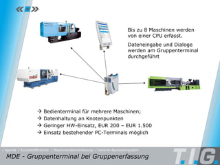 MDE - Baukastensystem Bis zu 8 Maschinen werden von einer CPU erfasst.  Dateneingabe und Dialoge werden am Gruppenterminal durchgeführt  Bedienterminal für mehrere Maschinen;  Datenhaltung an Knotenpunkten Geringer HW-Einsatz, EUR 200 – EUR 1.500 Einsatz bestehender PC-Terminals möglich MDE - Gruppenterminal bei Gruppenerfassung  / Maschinendatenerfassung / Kunststoffbranche / Variante Baukastensystem / Agenda 