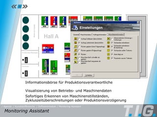 Monitoring Assistant Informationsbörse für Produktionsverantwortliche Visualisierung von Betriebs- und Maschinendaten Sofortiges Erkennen von Maschinenstillständen, Zykluszeitüberschreitungen oder Produktionsverzögerung Monitoring Assistant / Softwaremodule / Monitoring Assistant / Kunststoffbranche / Agenda 