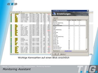 Monitoring Assistant Wichtige Kennzahlen auf einen Blick ersichtlich Monitoring Assistant / Softwaremodule / Monitoring Assistant / Kunststoffbranche / Agenda 