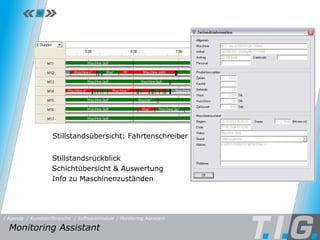 Monitoring Assistant Stillstandsübersicht: Fahrtenschreiber Stillstandsrückblick Schichtübersicht & Auswertung Info zu Maschinenzuständen Monitoring Assistant  / Softwaremodule / Monitoring Assistant / Kunststoffbranche / Agenda 