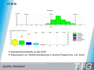 Quality Assistant Quality Assistant  / Softwaremodule / Quality Assistant / Kunststoffbranche / Agenda Standardschnittstelle zu QS-STAT Datenexport zur Weiterverarbeitung in diverse Programme, z.B. Excel 