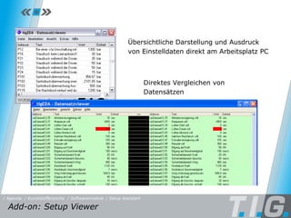 Setup Assistant Add-on: Setup Viewer / Softwaremodule / Setup Assistant / Kunststoffbranche / Agenda Übersichtliche Darstellung und Ausdruck von Einstelldaten direkt am Arbeitsplatz PC Direktes Vergleichen von Datensätzen 