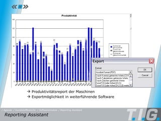 Reporting Assistant Produktivitätsreport der Maschinen Exportmöglichkeit in weiterführende Software Reporting Assistant  / Softwaremodule / Reporting Assistant / Kunststoffbranche / Agenda 