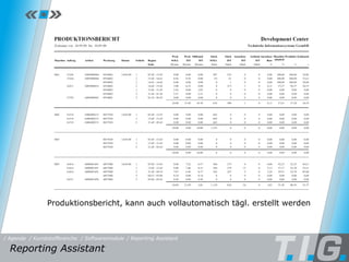 Reporting Assistant Produktionsbericht, kann auch vollautomatisch tägl. erstellt werden Reporting Assistant  / Softwaremodule / Reporting Assistant / Kunststoffbranche / Agenda 