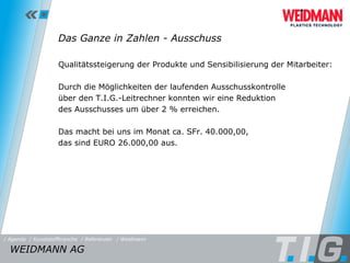 Referenz: Weidmann Das Ganze in Zahlen - Ausschuss Qualitätssteigerung der Produkte und Sensibilisierung der Mitarbeiter: Durch die Möglichkeiten der laufenden Ausschusskontrolle  über den T.I.G.-Leitrechner konnten wir eine Reduktion  des Ausschusses um über 2 % erreichen.  Das macht bei uns im Monat ca. SFr. 40.000,00,  das sind EURO 26.000,00 aus. WEIDMANN AG  / Referenzen / Weidmann / Kunststoffbranche / Agenda 