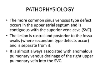PATHOPHYSIOLOGY
• The more common sinus venosus type defect
occurs in the upper atrial septum and is
contiguous with the superior vena cava (SVC).
• The lesion is rostral and posterior to the fossa
ovalis (where secundum type defects occur)
and is separate from it.
• It is almost always associated with anomalous
pulmonary venous drainage of the right upper
pulmonary vein into the SVC.
 