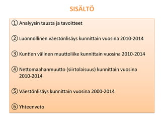 SISÄLTÖ	
  
① Analyysin	
  tausta	
  ja	
  tavoi/eet	
  
② Luonnollinen	
  väestönlisäys	
  kunni/ain	
  vuosina	
  2010-­...