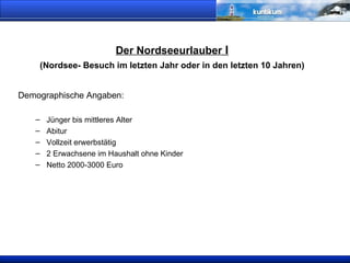 Der Nordseeurlauber  I (Nordsee- Besuch im letzten Jahr oder in den letzten 10 Jahren) Demographische Angaben: Jünger bis mittleres Alter Abitur Vollzeit erwerbstätig 2 Erwachsene im Haushalt ohne Kinder Netto 2000-3000 Euro 