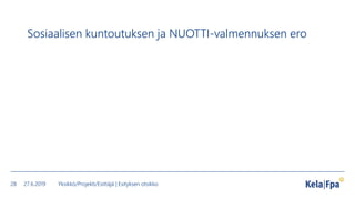 Sosiaalisen kuntoutuksen ja NUOTTI-valmennuksen ero
27.6.2019 Yksikkö/Projekti/Esittäjä | Esityksen otsikko28
 