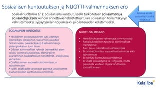 Sosiaalisen kuntoutuksen ja NUOTTI-valmennuksen ero
Sosiaalihuoltolain 17 §: Sosiaalisella kuntoutuksella tarkoitetaan sosiaalityön ja
sosiaaliohjauksen keinoin annettavaa tehostettua tukea sosiaalisen toimintakyvyn
vahvistamiseksi, syrjäytymisen torjumiseksi ja osallisuuden edistämiseksi.
SOSIAALINEN KUNTOUTUS
• Yksilöllinen psykososiaalinen tuki ja lähityö
(esimerkiksi kotikäynnit, tuki omien asioiden
hoitamisessa, palveluohjaus)vahvemman ja
pidempiaikaisen tuen tarve
• Erilaiset toiminnalliset ryhmät (esimerkiksi arjen
taidot, vuorovaikutustaidot, elämänpiirin
avartaminen, taidelähtöiset menetelmät, arkiliikunta),
vertaistuki
• Osallistuminen vapaaehtoistoimintaan ja
työtoimintaan
• Kaikki asiakkaalle tarjottavat palvelut ja tukitoimet
osana henkilön kuntoutussuunnitelmaa
NUOTTI-VALMENNUS
• Henkilökohtainen valmentaja ja verkostotyö
• Ratkaisukeskeinen työote ja toiminnalliset
menetelmät
• Tuen tarve määrällisesti vähäisempää
• Ei ryhmätoimintaa, vapaaehtoistoimintaa eikä
työtoimintaa
• Ei edellytä kuntoutussuunnitelmaa
• Ei sisällä sosiaalityötä tai –ohjausta, mutta
palvelusta voidaan ohjata tarvittaessa
sosiaalitoimeen
Kelassa ei ole
sosiaalityötä eikä
-ohjausta
 
