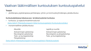 Vaativan lääkinnällisen kuntoutuksen kuntoutuspalvelut
Terapiat
• yksilöterapia, psykoterapiassa perheterapia, ryhmä- ja monimuotoryhmäterapia, päiväkuntoutus
Kuntoutuslaitoksessa toteutuva avo- tai laitosmuotoinen kuntoutus
• kuntoutus- ja sopeutumisvalmennuskurssit
(katso kela.fi>Yhteistyökumppanit>Kelan kuntoutuspalvelut>Kuntoutuskurssihaku)
• moniammatillinen yksilökuntoutus
(katso kela.fi>Yhteistyökumppanit>Kuntoutuspalvelut>Palvelukuvaukset)
Aikuisille: Lapsille ja nuorille:
Aistivammojen palvelulinja
Neurologinen palvelulinja
Tules- ja reumapalvelulinja
Yleispalvelulinja
Aistivammojen palvelulinja
Neurologinen ja yleispalvelulinja
Tules- ja reumapalvelulinja
 