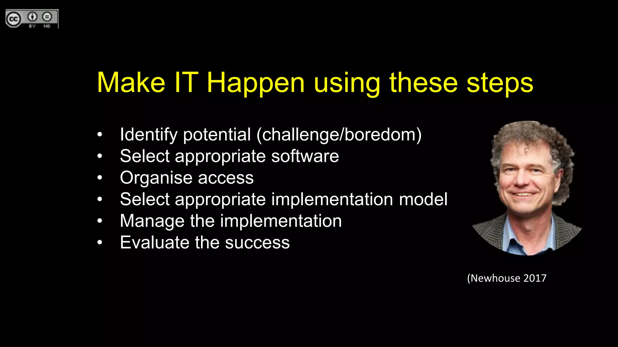 • Identify potential (challenge/boredom)
• Select appropriate software
• Organise access
• Select appropriate implementation model
• Manage the implementation
• Evaluate the success
Make IT Happen using these steps
(Newhouse 2017
 