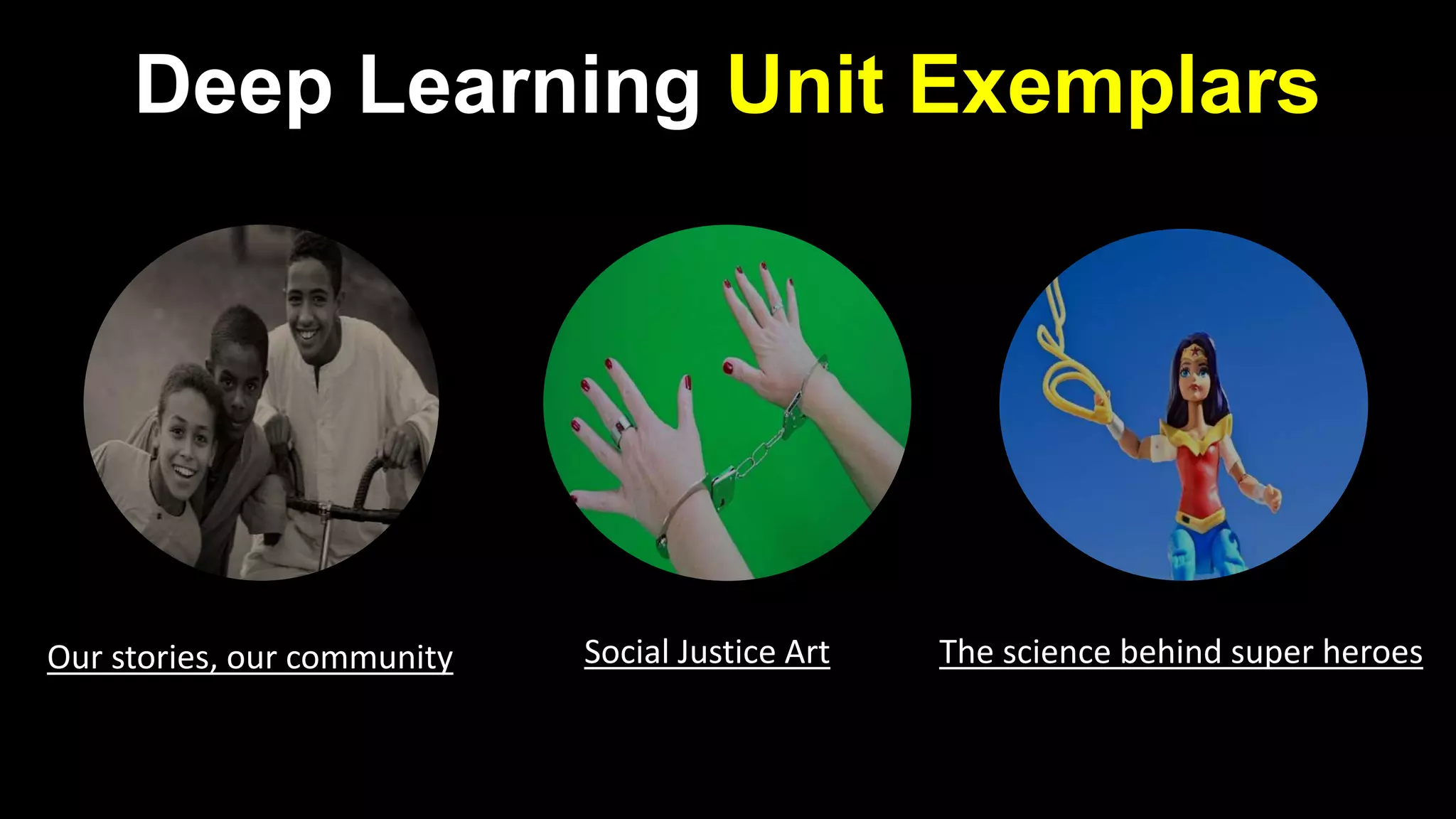 Deep Learning Unit Exemplars
Our stories, our community Social Justice Art The science behind super heroes
 