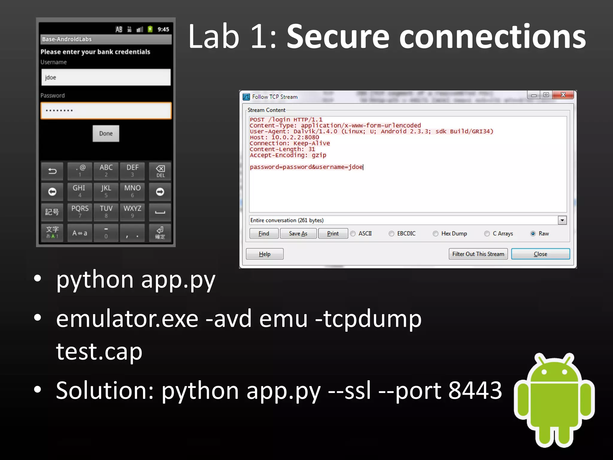 Lab 1: Secure connections • python app.py • emulator.exe -avd emu -tcpdump test.cap • Solution: python app.py --ssl --port 8443 