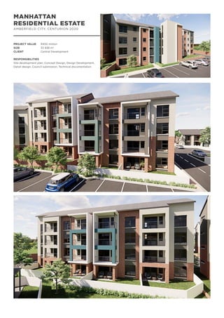 MANHATTAN
RESIDENTIAL ESTATE
AMBERFIELD CITY, CENTURION 2020
PROJECT VALUE	 R450 million
SIZE		 33 938 m2
CLIENT		 Central Development
RESPONSIBILITIES
Site development plan, Concept Design, Design Development,
Detail design, Council submission, Technical documentation
 