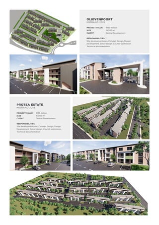OLIEVENPOORT
MIDRAND 2019
PROJECT VALUE	 R160 million
SIZE		 19 500 m2
CLIENT		 Central Development
RESPONSIBILITIES
Site development plan, Concept Design, Design
Development, Detail design, Council submission,
Technical documentation
PROTEA ESTATE
MIDRAND 2019
PROJECT VALUE	 R135 million
SIZE		 16 560 m2
CLIENT		 Central Development
RESPONSIBILITIES
Site development plan, Concept Design, Design
Development, Detail design, Council submission,
Technical documentation
 