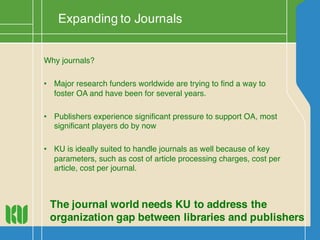 Why journals?
• Major research funders worldwide are trying to find a way to
foster OA and have been for several years.
• Publishers experience significant pressure to support OA, most
significant players do by now
• KU is ideally suited to handle journals as well because of key
parameters, such as cost of article processing charges, cost per
article, cost per journal.
Expanding to Journals
The journal world needs KU to address the
organization gap between libraries and publishers
 
