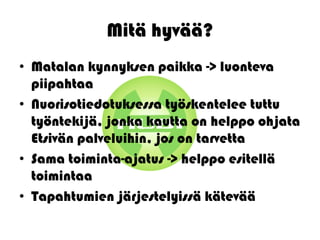 Mitä hyvää?
• Matalan kynnyksen paikka -> luonteva
  piipahtaa
• Nuorisotiedotuksessa työskentelee tuttu
  työntekijä, jonka kautta on helppo ohjata
  Etsivän palveluihin, jos on tarvetta
• Sama toiminta-ajatus -> helppo esitellä
  toimintaa
• Tapahtumien järjestelyissä kätevää
 