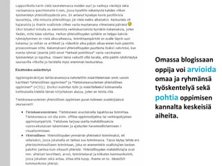 Omassa blogissaan
oppija voi arvioida
omaa ja ryhmänsä
työskentelyä sekä
pohtia oppimisen
kannalta keskeisiä
aiheita.
 