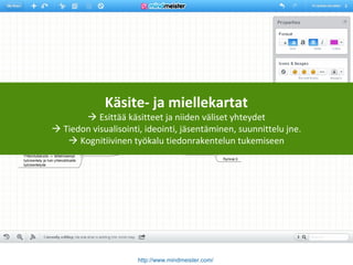 http://www.mindmeister.com/
Käsite- ja miellekartat
 Esittää käsitteet ja niiden väliset yhteydet
 Tiedon visualisointi, ideointi, jäsentäminen, suunnittelu jne.
 Kognitiivinen työkalu tiedonrakentelun tukemiseen
 