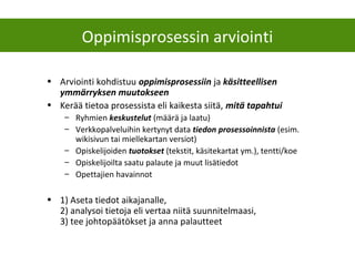 Oppimisprosessin arviointi
• Arviointi kohdistuu oppimisprosessiin ja käsitteellisen
ymmärryksen muutokseen
• Kerää tietoa prosessista eli kaikesta siitä, mitä tapahtui
– Ryhmien keskustelut (määrä ja laatu)
– Verkkopalveluihin kertynyt data tiedon prosessoinnista (esim.
wikisivun tai miellekartan versiot)
– Opiskelijoiden tuotokset (tekstit, käsitekartat ym.), tentti/koe
– Opiskelijoilta saatu palaute ja muut lisätiedot
– Opettajien havainnot
• 1) Aseta tiedot aikajanalle,
2) analysoi tietoja eli vertaa niitä suunnitelmaasi,
3) tee johtopäätökset ja anna palautteet
 