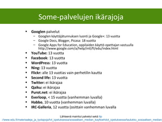 Some-palvelujen ikärajoja
• Googlen palvelut
– Googlen käyttäjätunnuksen luonti ja Google+: 13 vuotta
– Google Docs, Blogger, Picasa: 18 vuotta
– Google Apps for Education, oppilaiden käyttö opettajan vastuulla
http://www.google.com/a/help/intl/fi/edu/index.html
• YouTube: 13 vuotta
• Facebook: 13 vuotta
• WordPress: 13 vuotta
• Ning: 13 vuotta
• Flickr: alle 13 vuotias vain perhetilin kautta
• Second life: 13 vuotta
• Twitter: ei ikärajaa
• Qaiku: ei ikärajaa
• Purot.net: ei ikärajaa
• Everloop, < 15 vuotta (vanhemman luvalla)
• Habbo, 10 vuotta (vanhemman luvalla)
• IRC-Galleria, 12 vuotta (osittain vanhemman luvalla
Lähteenä mainitut palvelut sekä ttp
://www.edu.fi/materiaaleja_ja_tyotapoja/tvt_opetuksessa/sosiaalisen_median_kayttoehdot_opetuksessa/taulukko_sosiaalisen_median_
 
