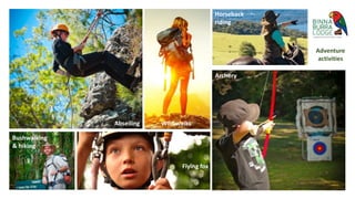 Abseiling Wild walks
Bushwalking
& hiking
Archery
Flying fox
Horseback
riding
Adventure
activities
 