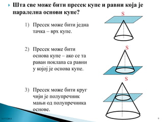

Шта све може бити пресек купе и равни која је
паралелна основи купе?
S
1) Пресек може бити једна
тачка – врх купе.
2) Пресек може бити
основа купе – ако се та
раван поклапа са равни
у којој је основа купе.

S

S

3) Пресек може бити круг
чији је полупречник
мањи од полупречника
основе.
11/17/2013

9

 