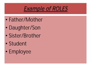 Example of ROLES
• Father/Mother
• Daughter/Son
• Sister/Brother
• Student
• Employee

 
