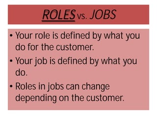 ROLES vs. JOBS
• Your role is defined by what you
do for the customer.
• Your job is defined by what you
do.
• Roles in jobs can change
depending on the customer.

 