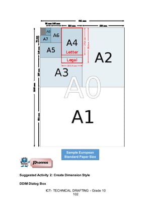ICT- TECHNICAL DRAFTING - Grade 10
102
Suggested Activity 2: Create Dimension Style
DDIM Dialog Box
Sample European
Standard Paper Size
 