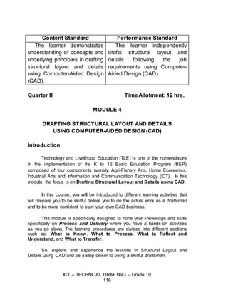 ICT – TECHNICAL DRAFTING – Grade 10
116
Content Standard Performance Standard
The learner demonstrates
understanding of concepts and
underlying principles in drafting
structural layout and details
using Computer-Aided Design
(CAD).
The learner independently
drafts structural layout and
details following the job
requirements using Computer-
Aided Design (CAD).
Quarter III Time Allotment: 12 hrs.
MODULE 4
DRAFTING STRUCTURAL LAYOUT AND DETAILS
USING COMPUTER-AIDED DESIGN (CAD)
Introduction
Technology and Livelihood Education (TLE) is one of the nomenclature
in the implementation of the K to 12 Basic Education Program (BEP)
composed of four components namely: Agri-Fishery Arts, Home Economics,
Industrial Arts and Information and Communication Technology (ICT). In this
module, the focus is on Drafting Structural Layout and Details using CAD.
In this course, you will be introduced to different learning activities that
will prepare you to be skillful before you to do the actual work as a draftsman
and to be more confident to start your own CAD business.
This module is specifically designed to hone your knowledge and skills
specifically on Process and Delivery where you have a hands-on activities
as you go along. The learning procedures are divided into different sections
such as: What to Know, What to Process, What to Reflect and
Understand, and What to Transfer.
So, explore and experience the lessons in Structural Layout and
Details using CAD and be a step closer to being a skillful draftsman.
 