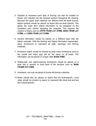 ICT – TECHNICAL DRAFTING – Grade 10
132
5. Symbols to represent each type of bracing can also be created as
blocks and inserted into the required position throughout the drawing.
Because the upper level materials are different from the lower braces,
lateral symbols should be placed on layers that are level specific. This
allows the lower floor lateral information to be displayed on the
foundation plan without repeating the schedule. This requires the
creation of layers such as UPPR FRAM LAT SYMB, MAIN FRAM LAT
SYMB, or LOWR FRAM LAT SYMB.
6. Symbol information should be placed on a different layer than the
lateral schedule. With the framing and lateral information represented,
place dimensions to represent all walls, openings, and framing
materials.
7. Dimension layers should be divided by level; some dimensions such as
the overall and major jogs will be the same on all levels. This
information can be placed on a layer titled BASE DIMS.
8. Wall-to-wall, and wall-to-opening dimensions should be placed on a
layer that is specific to each level of the structure such as MAIN
FRAME EXT DIMS.
9. Annotation can now be placed to locate all framing materials.
10.Notes should also be placed on layers that are level-specific. Local
notes should be divided by layers to represent title block text and text
that is level-specific.
 