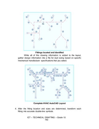 ICT – TECHNICAL DRAFTING – Grade 10
182
Fittings located and identified
While all of this drawing information is added to the layout,
gather design information into a file for duct sizing based on specific
mechanical manufacturer specifications that you select.
Complete HVAC AutoCAD Layout
4. After the fitting location and sizes are determined, transform each
fitting into accurate double-line symbols.
 