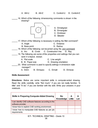 ICT- TECHNICAL DRAFTING - Grade 10
38
A. Alt+U B. Alt+Z C. Control+U D. Control+Z
_____ 16. Which of the following dimensioning commands is shown in the
drawing?
A. Dimaligned
B. Dimangular
C. Dimlinear
D. Qleader
_____ 17. Which of the following is necessary in setting the fillet command?
A. Angle C. Distance
B. Base point D. Radius
_____ 18. Which of the following can be joined using the Join command
A. Arc B. Circle C. Construction line D. Ray
_____ 19. The following are some of the properties and settings that you can
save in a layout, except.
A. Plot scale C. Line weight
B. B. Paper size D. Drawing orientation
_____ 20. What command is used to specify settings in dimension style
manager?
A. Ddim B. Dimspec C. Dimalt D. Dimsize
Skills Assessment
Directions: Below are some important skills in computer-aided drawing.
Read the skills carefully, write “Not much,” if you are not really familiar, “A
little” and “A lot,” if you are familiar with the skill. Write your answers in your
notebook.
Skills in Preparing Computer-Aided Drawing No
Knowledge
A
Little
A
Lot
I can identify CAD software features according to the
software provider.
I know how to explore CAD working environment.
I know how to manipulate CAD features as per job
requirements.
 