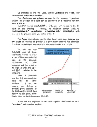 ICT- TECHNICAL DRAFTING - Grade 10
54
Co-ordinates fall into two types, namely Cartesian and Polar. They
can be either Absolute or Relative.
The Cartesian co-ordinate system is the standard co-ordinate
system. The position of a point can be described by its distance from two
axes, X and Y.
AutoCAD locates absolute X,Y coordinates with respect to the 0,0
point of the drawing — usually, its lower-left corner. AutoCAD
locates relative X,Y coordinates and relative polar coordinates with
respect to the previous point you picked or typed.
The Polar co-ordinates on the other hand, uses one distance and
one angle to describe the position of a point rather than the two distances.
The distance and angle measurements are made relative to an origin.
You will see how
AutoCAD uses all three
coordinate formats to draw
a pair of line segments that
start at the absolute
coordinates 2,1 (see
example) and then move to
the right 2 units and up 1
unit (@2,1) relative to the
first point.
Note in particular
how the first two coordinate
pairs use the same
numbers (2,1) but the
second pair defines a
different point because of
the leading @ symbol, then
(relative to that point) move
2 units at an angle of 60 degrees (@2<60).
Notice that the separator in the case of polar co-ordinates is the <
"less than" mathematical symbol.
Sample line segment using
AutoCAD Coordinate Systems
 