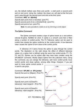 ICT- TECHNICAL DRAFTING - Grade 10
59
arc, the default method uses three pick points - a start point, a second point
and an end point. Using this method, the drawn arc will start at the first pick
point, pass through the second point and end at the third point.
Command: ARC or A[enter]
Specify start point of arc or [Center]: (pick P1)
Specify second point of arc or [Center/End]: (pick P2)
Specify end point of arc: (pick P3)
Note: It is also possible to create an arc by trimming a circle object.
The Spline Command
The Spline command creates a type of spline known as a non-uniform
rational B-spline, NURBS for short. A spline is a smooth curve that is fitted
along a number of control points. The Fit Tolerance option can be used to
control how closely the spline conforms to the control points. A low tolerance
value causes the spline to form close to the control points.
A tolerance of 0 (zero) forces the spline to pass through the control
points. The illustration on the right shows the effect of different tolerance
values on a spline that is defined using the same four control points, P1, P2,
P3 and P4. Splines can be edited after they have been created using the
SPLINEDIT command, Modify Object Spline from the pull-down menu. Using
this command, you can change the tolerance, add more control points move
control points and close splines, among other things. However, if you just
want to move spline control points, it
is best to use grips.
Command: SPLINE or SPL[enter]
Specify first point or [Object]: (Pick P1)
Specify next point: (Pick P2)
Specify next point or [Close/Fit
tolerance] <start tangent>: (Pick P3)
Specify next point or [Close/Fit
tolerance] <start tangent>: (Pick P4)
 